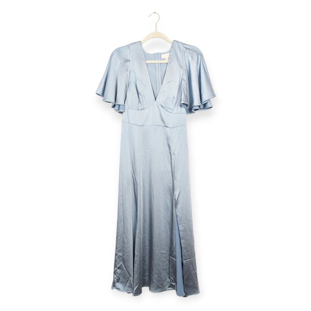 Ted Baker Midi Dress 6 Blue Satin Flutter Sleeve Elegant Wedding Guest Formal